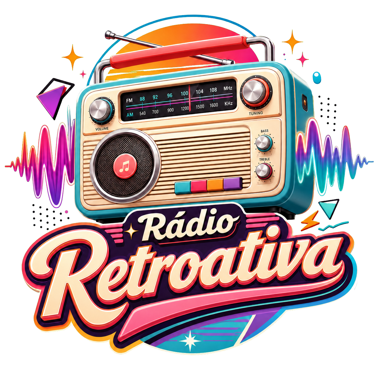 Rádio retrô ilustrado com a marca Rádio Retroativa